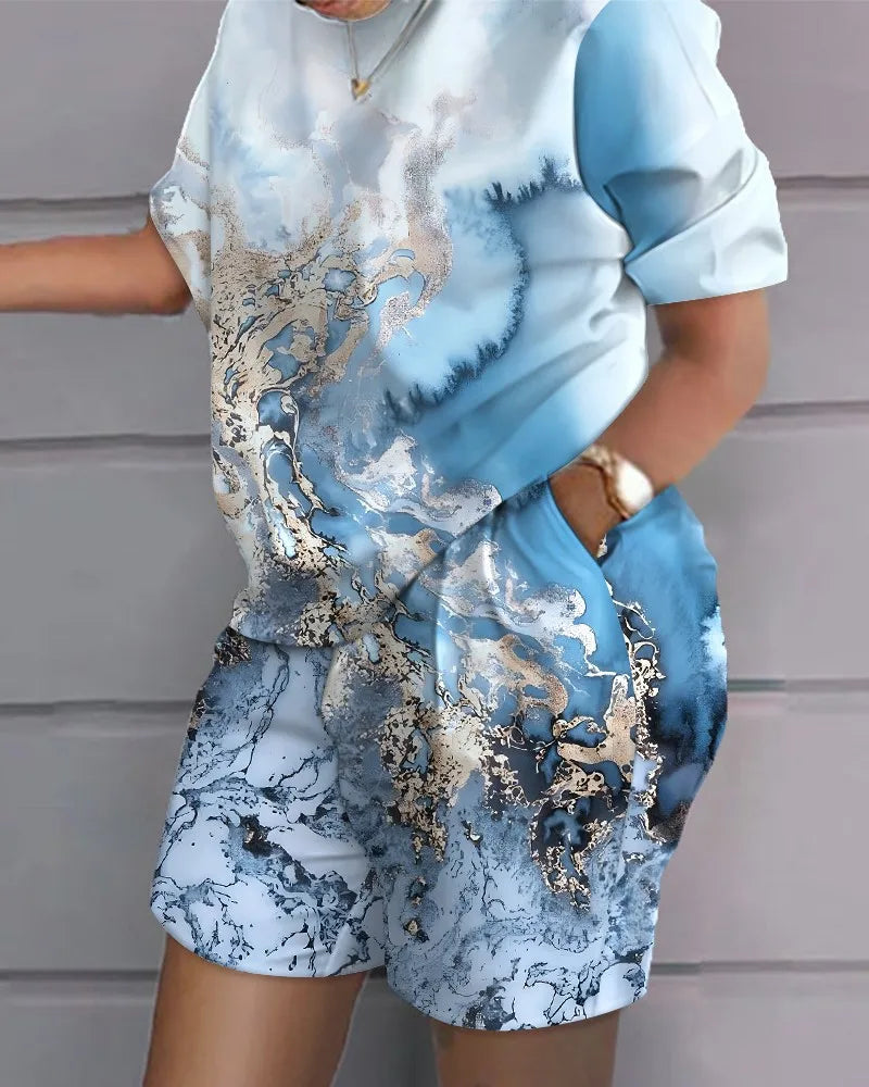 Sexy  T-shirt Blouses 2 Piece Sets Suit O-neck Backless Tops 2 Piece Sets