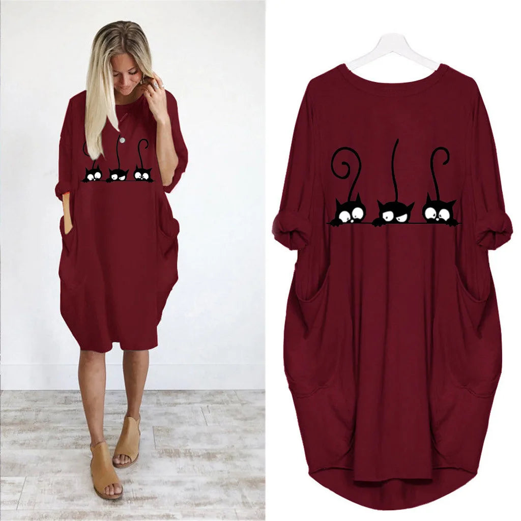 Plus Size Dress Autumn  Winter Casual Round Neck Solid Color Long Sleeve Pocket  Pullove Dress