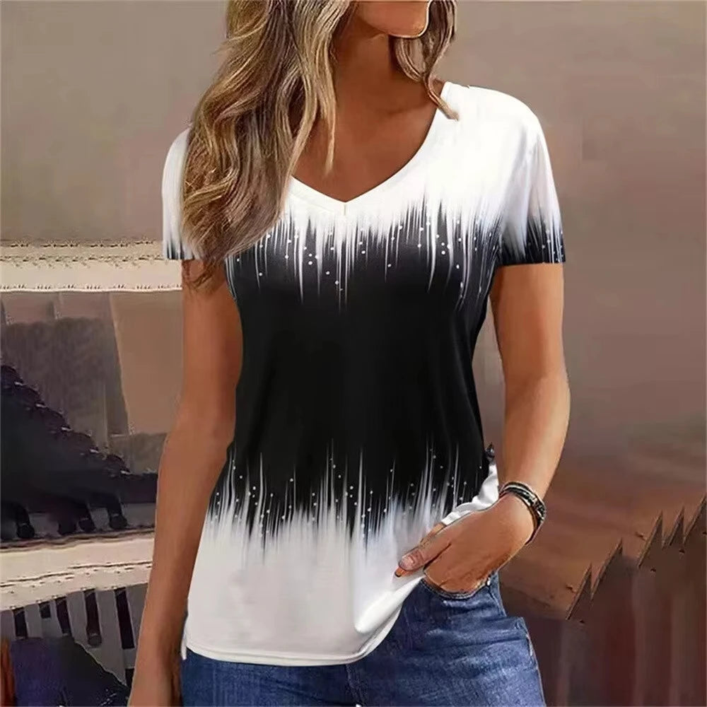 Blue V-Neck Short Sleeve Summer Tops Tees