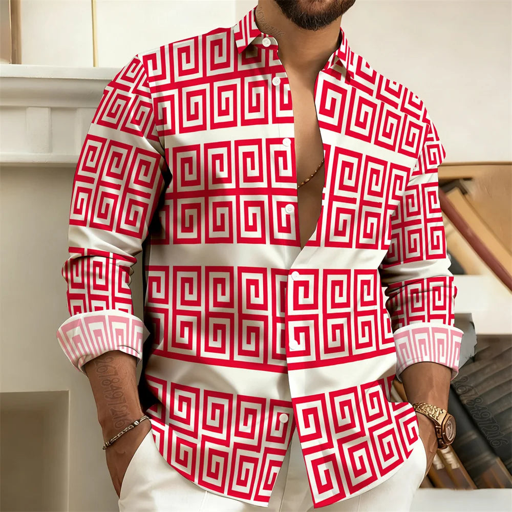 Long-Sleeved Polo Shirt, Vintage Print Style with Greek Key Pattern
