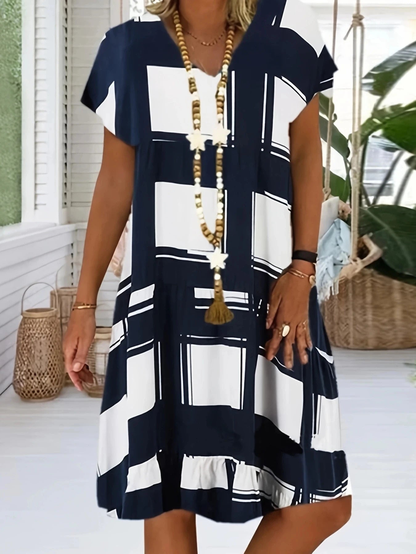 Women Fashion Geometric Printed Short Sleeve Summer Dress