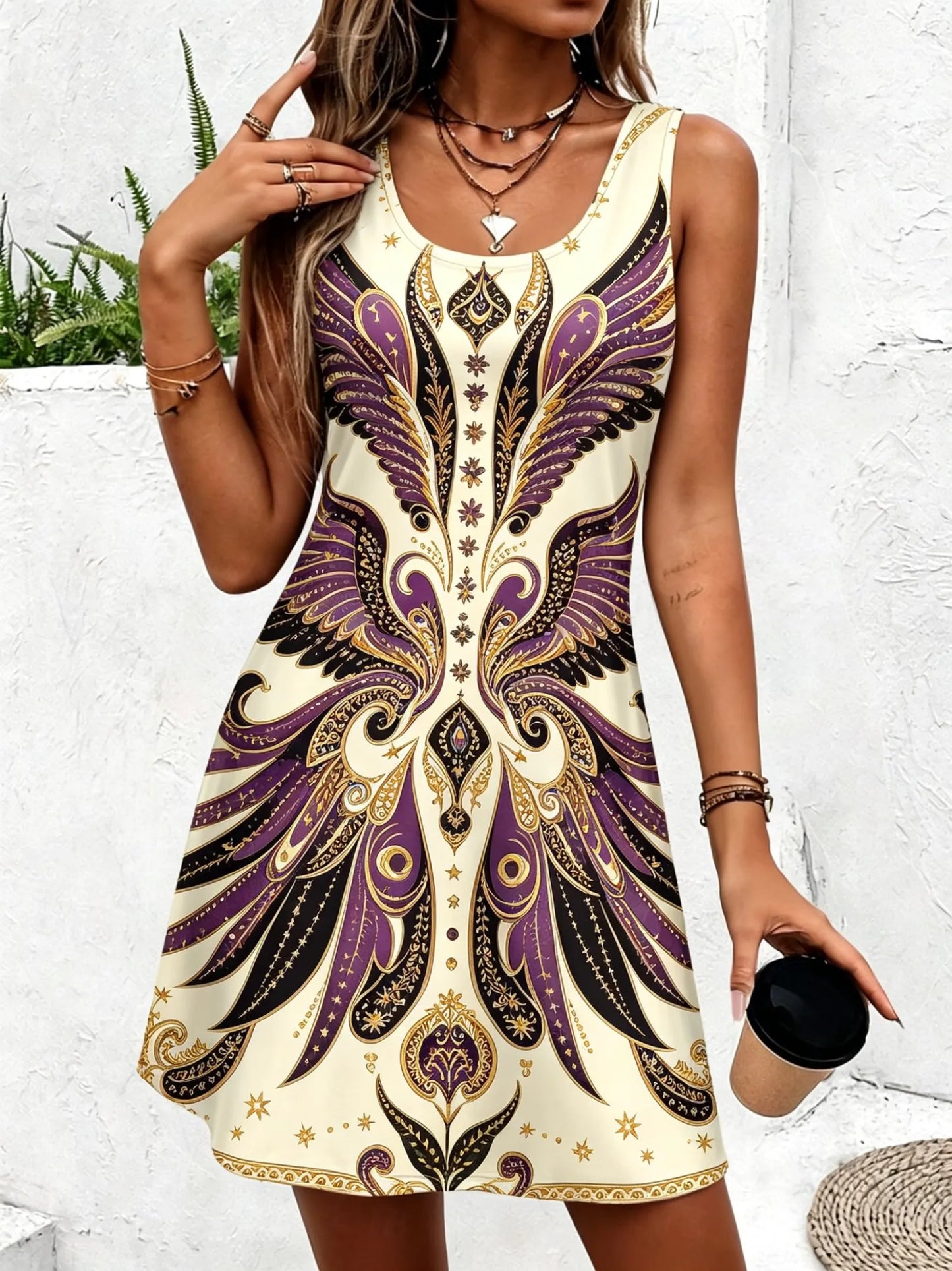 Women's Round Neck Sleeveless Vintage Fern Leaf Print Casual A-Line Mini Dress, Elegant Tank Dresses for Spring & Summer