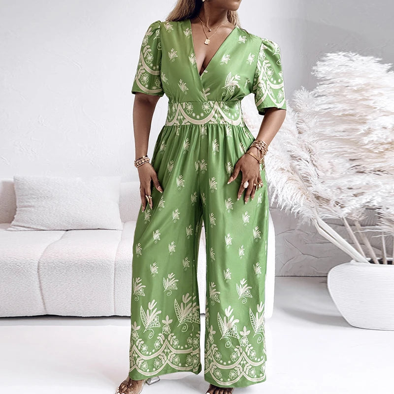 Vintage V Neck Long Pants Bohemian Printed High Waisted Loose Jumpsuit