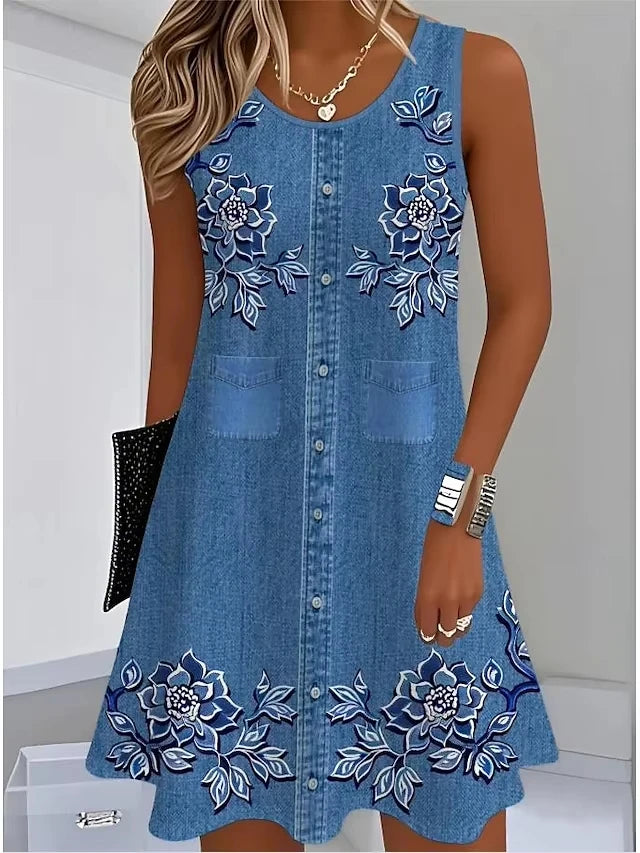 Fit Floral Sleeveless Crew Neck 3D Print Mock Pocket Dress Top
