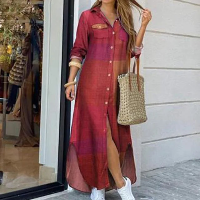 Long Sleeve  Pocket Button Print Shirts Dress