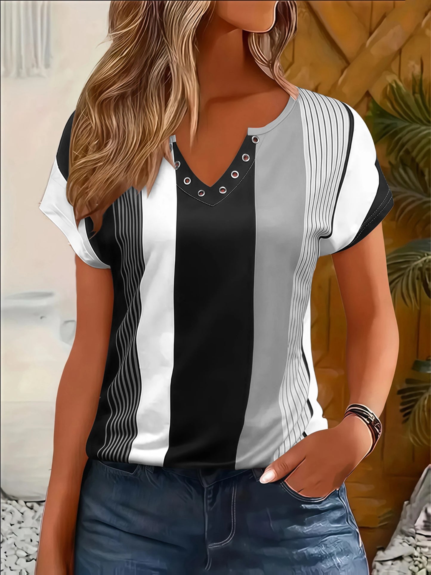 V-Neck Striped T-Shirt - Spring Summer Casual Elegant Blouse Top