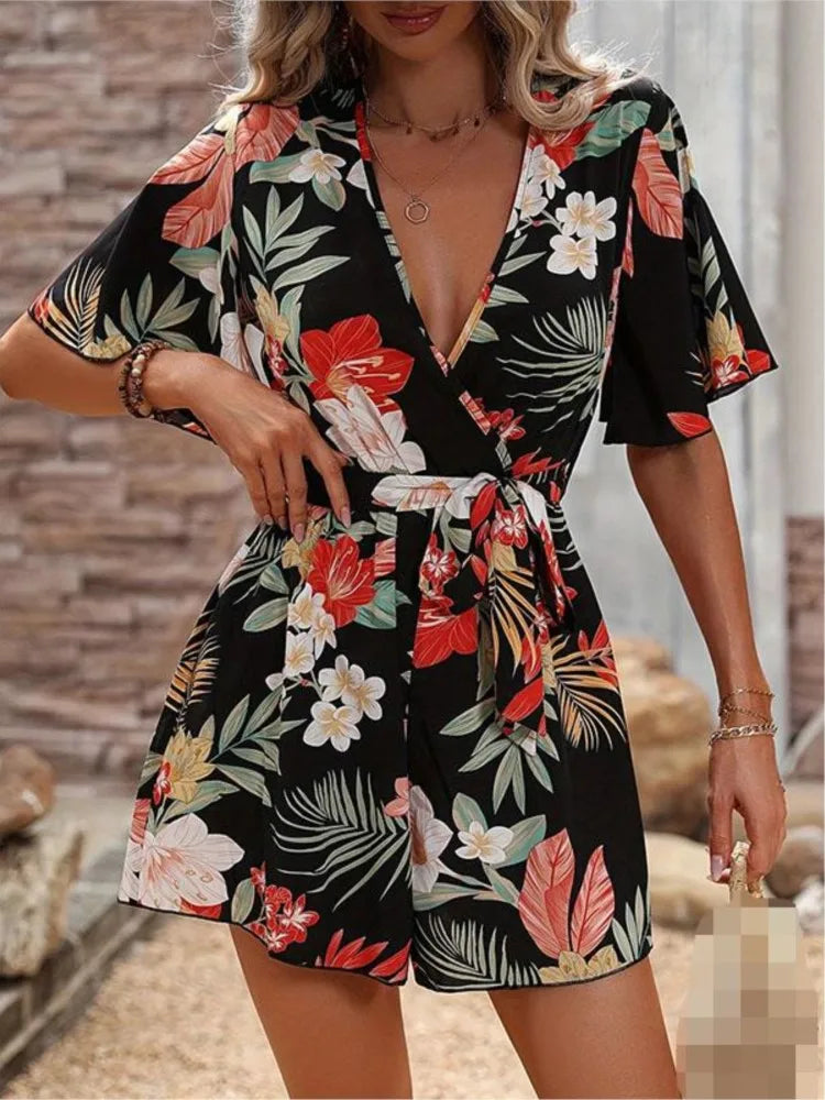 Vacation Wind Lotus Leaf Sleeves V-neck Belt