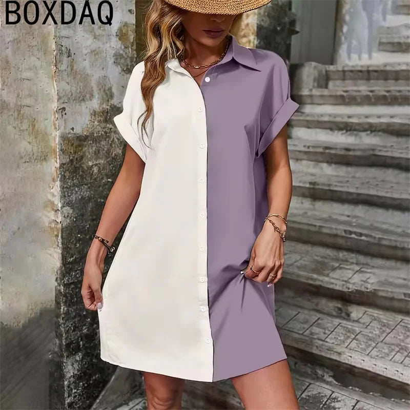Two Tone Spliced Shirt for Summer Evening  Casual Dress