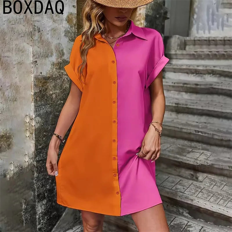 Two Tone Spliced Shirt for Summer Evening  Casual Dress