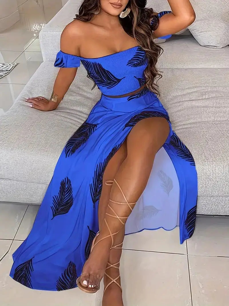 Bohemian Two-piece Set Women's Off-shoulder Elastic Solid Color Vest With feather Print High Waist Slit Skirt Set