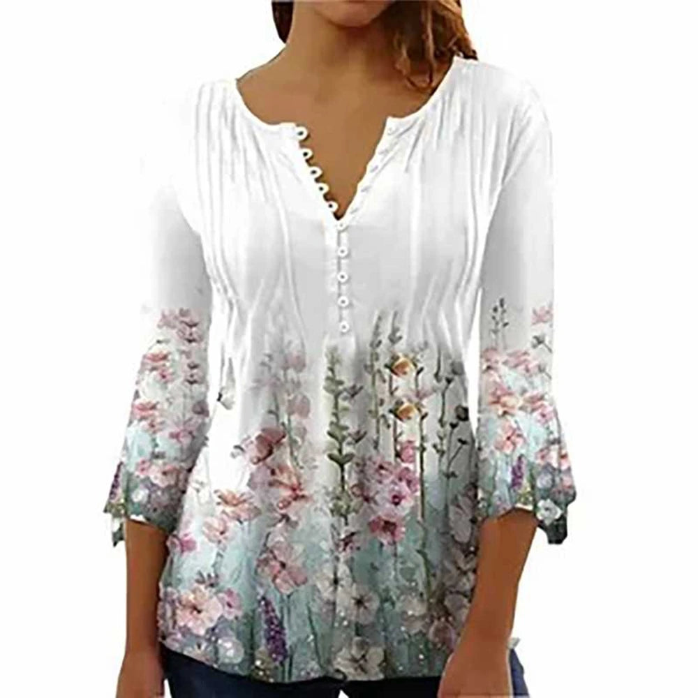 Summer Street Fashion Button-Down Comfortable Seven-Quarter Sleeve Top