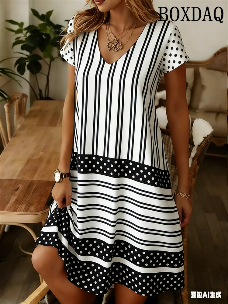 Elegant Fashion Polka Dot Striped Dress Summer Clothing Plus Size Casual V-Neck