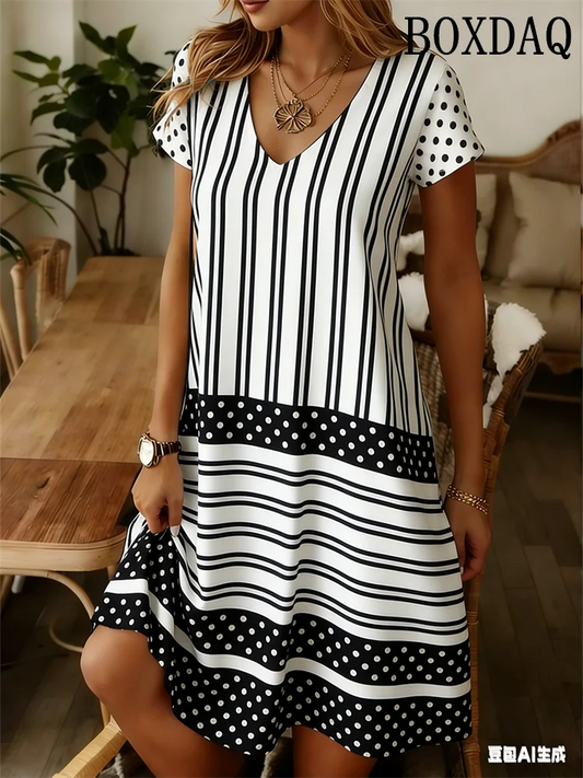Elegant Fashion Polka Dot Striped Dress Summer Clothing Plus Size Casual V-Neck
