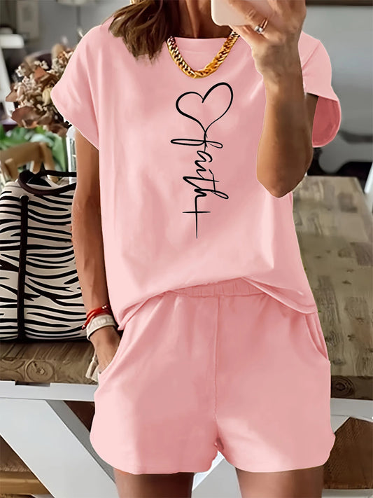 Heart-shaped cross print  loose round neck short sleeved T-shirt