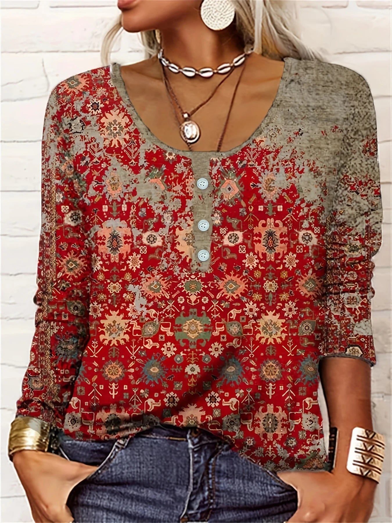 thin button ethnic print plus size women's long-sleeved T-shirt