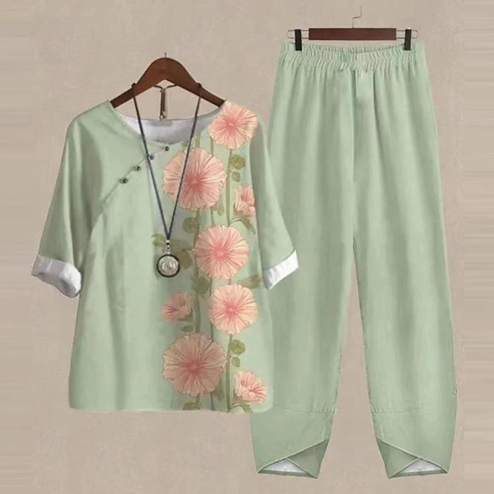 Summer 2 Piece Set Sleeve Shirt Top High Waist Pant