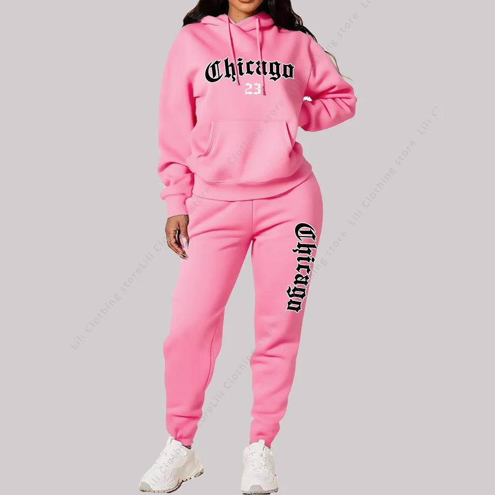 Women's Sets Hoodies Pants 2 Piece Outfits Chicago Graphic Letter Print