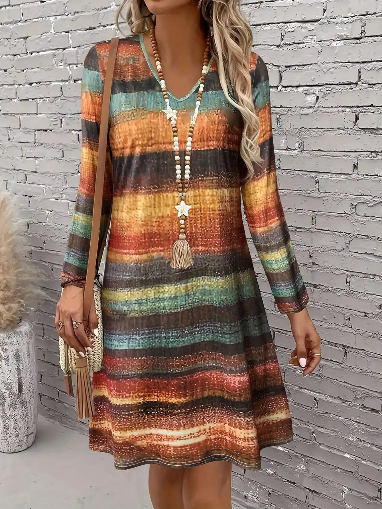 Long Sleeve  Scallop  Mini  V-neck Dress
