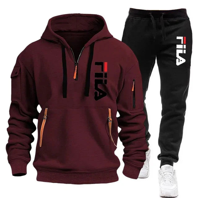 men hooded sweatshirt + Trouser, outdoor multi-pocket men's pullover sportswear set
