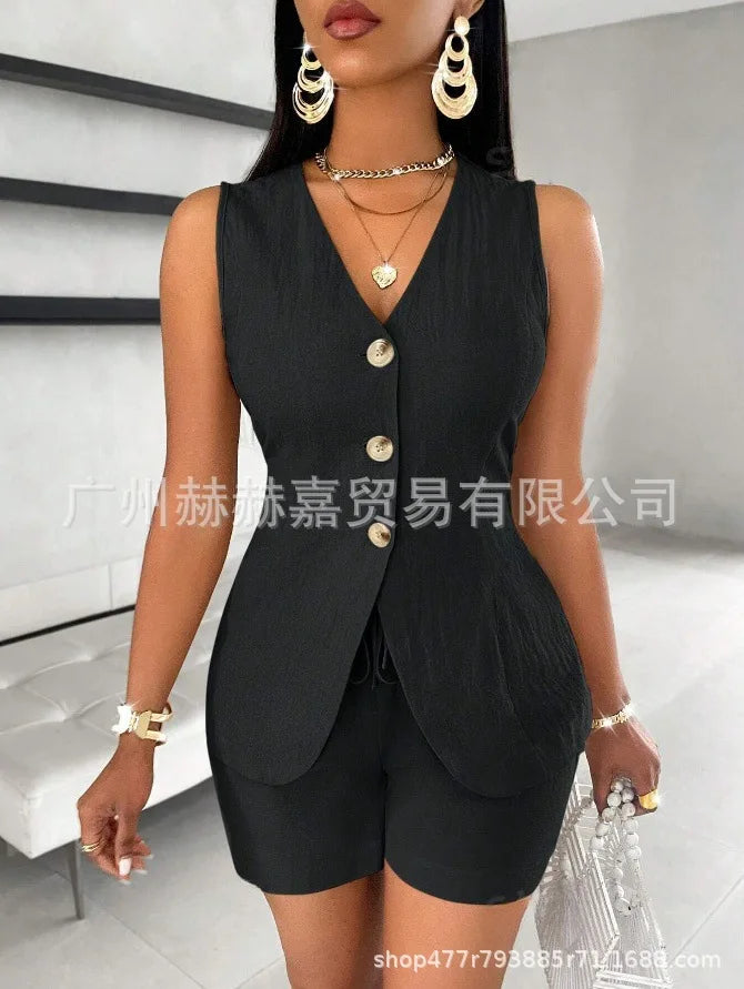 Cotton Linen Shorts Sets Solid Color V-Neck Slim Tops Office Lady Shorts Suits