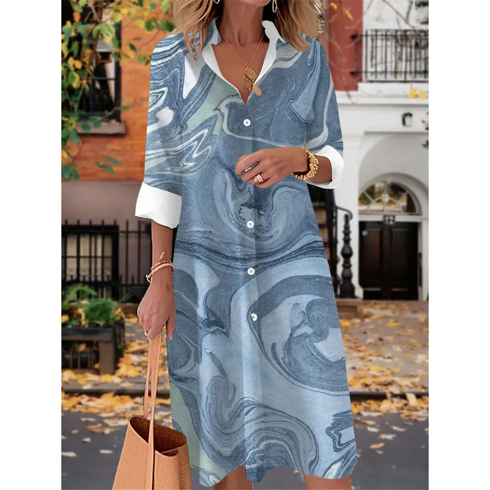 Printed V Neck Long Sleeves Button Sexy  Beach and Party Dress