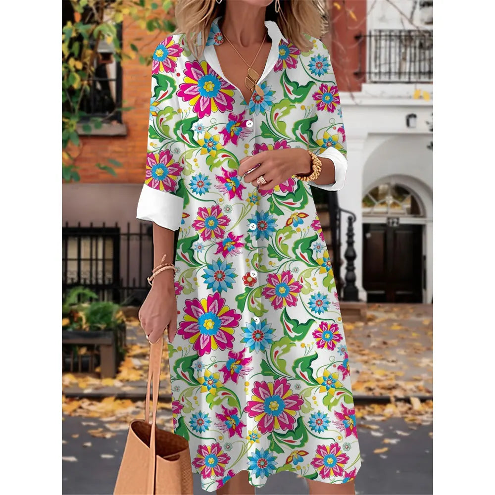 Printed V Neck Long Sleeves Button Sexy  Beach and Party Dress