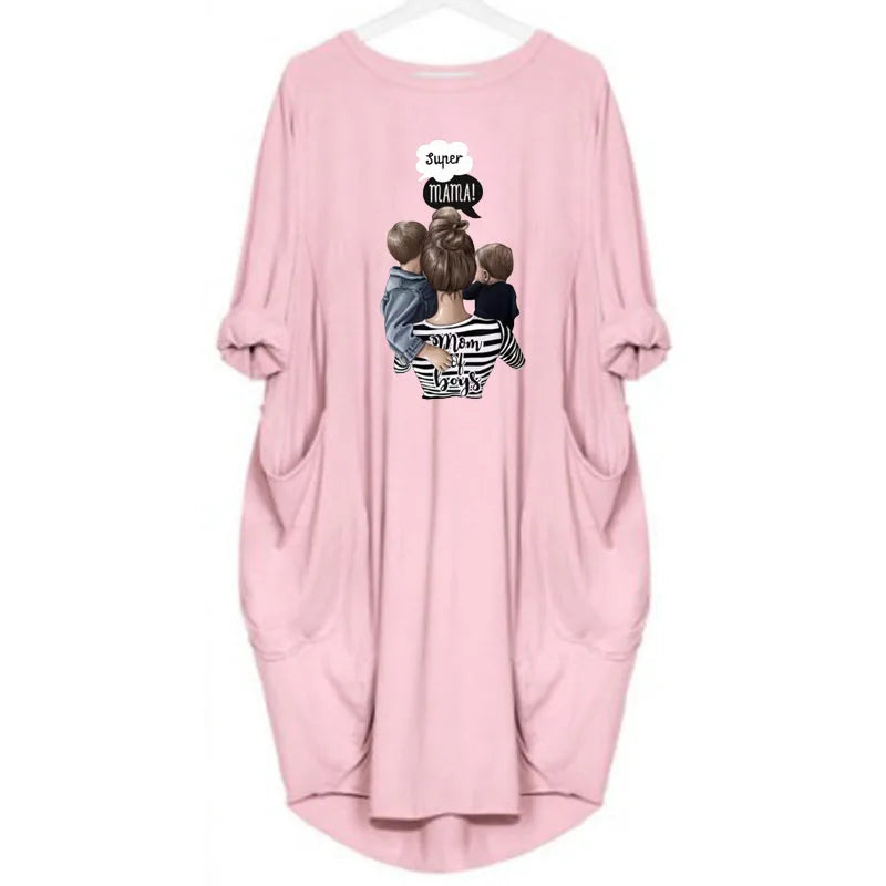 Plus Size Dress Autumn  Winter Casual Round Neck Solid Color Long Sleeve Pocket  Pullove Dress
