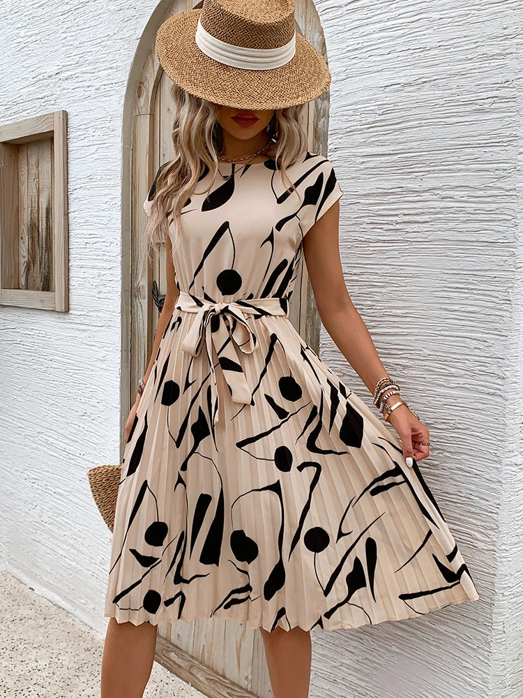 Women O Neck Pleated Medium Long Dress Fashion Print Lace-up Dress