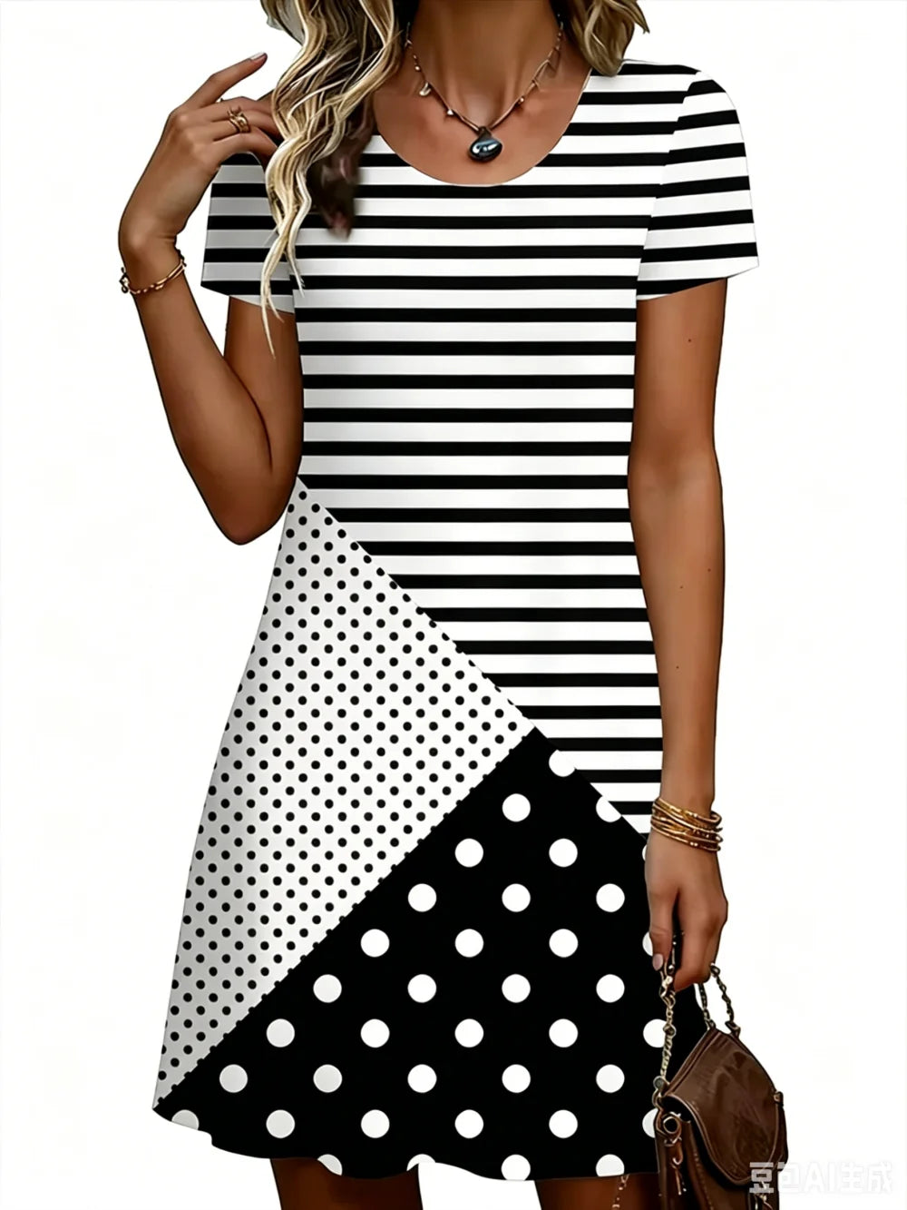 Striped Polka Dot Simple Printed Short Sleeve Dress