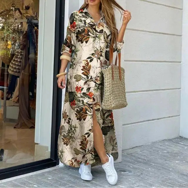 Long Sleeve  Pocket Button Print Shirts Dress