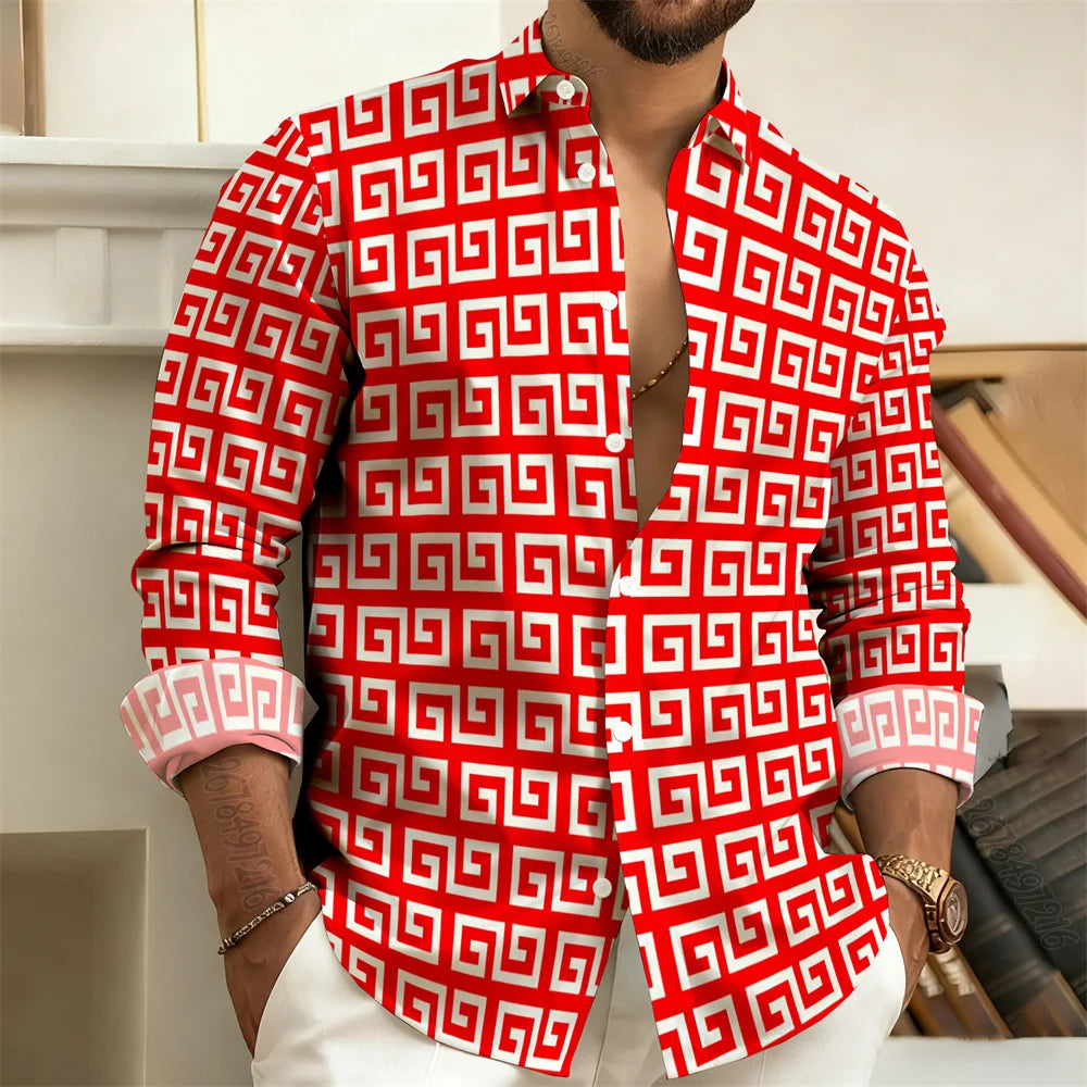 Long-Sleeved Polo Shirt, Vintage Print Style with Greek Key Pattern