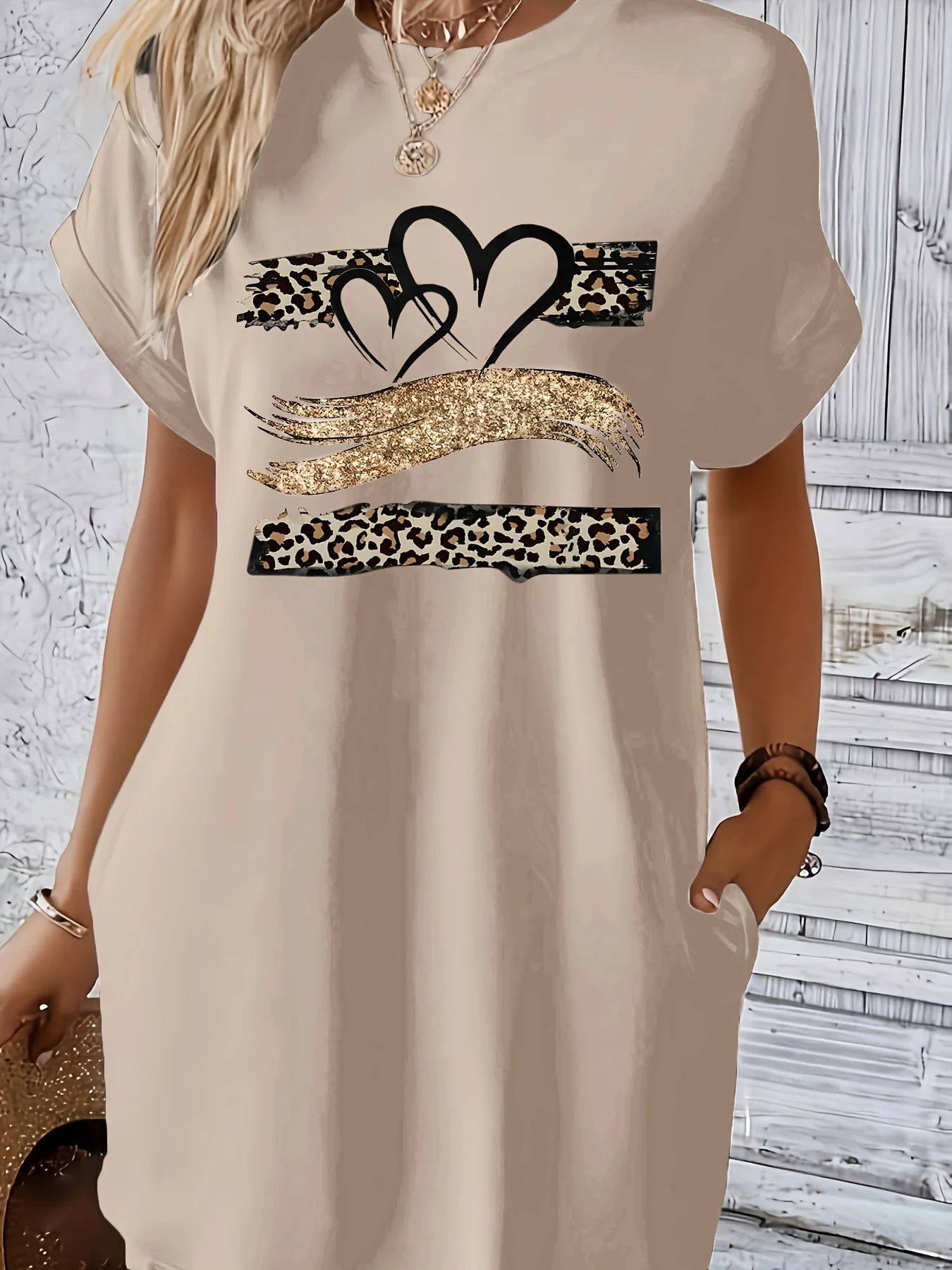 Knit TShirt Dress with Heart  Print Crew Neck Short Sleeve Fashionable
