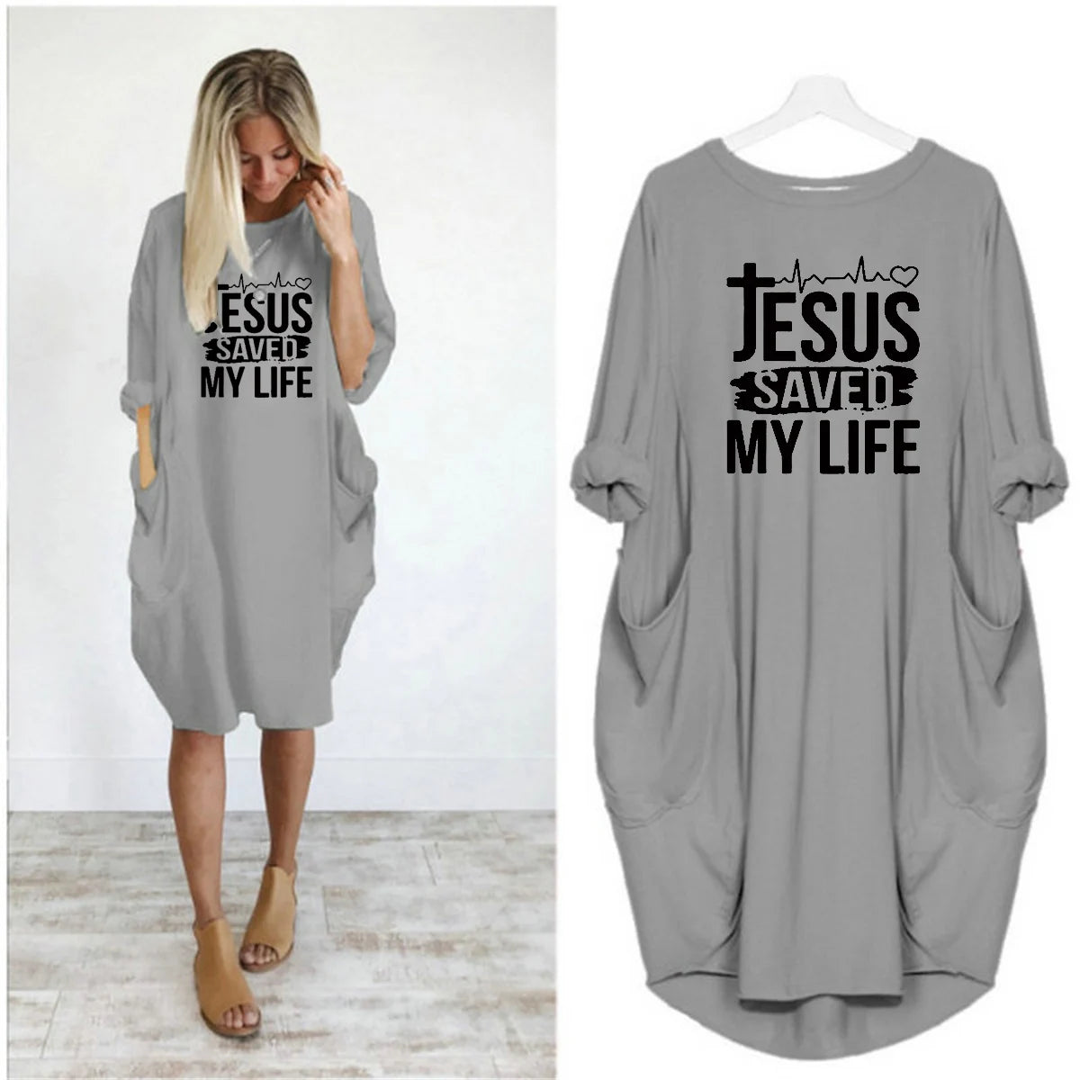 JESUS SAVED MYLIFE Print Round Neck Long Sleeve Pocket Comfortable Dress
