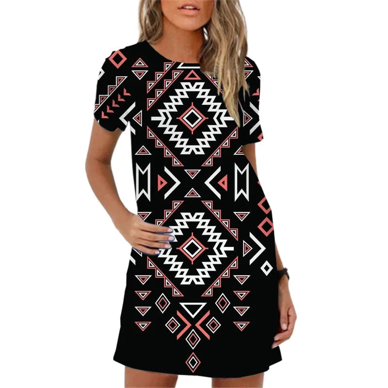 Summer Short Sleeve Mini Dress Vintage Geometric Pattern