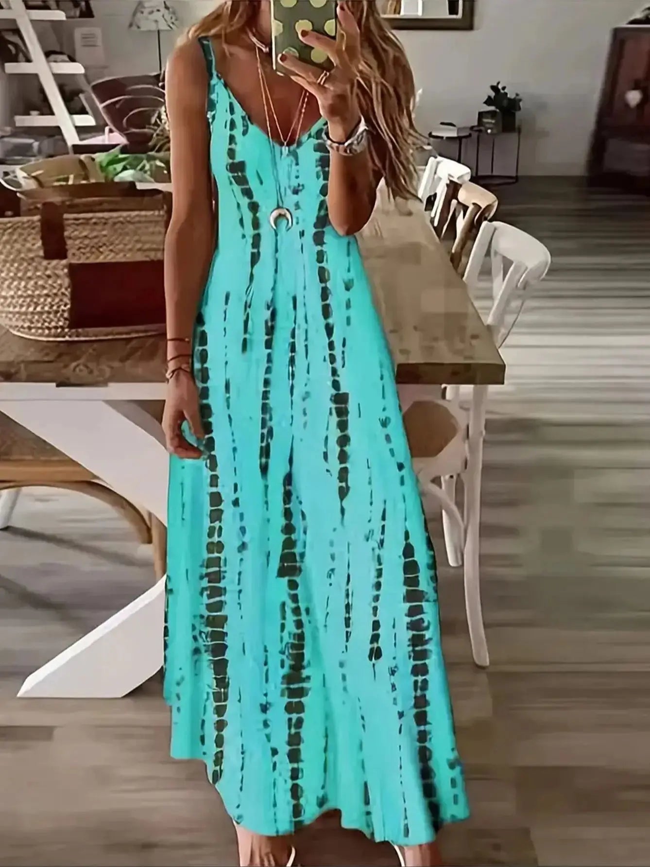 V-neck Spaghetti Maxi Summer Beach Vacational Long Dress