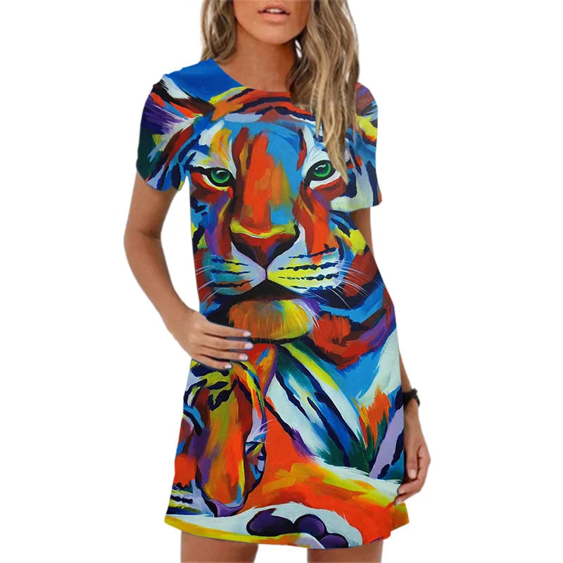 Tiger Pattern Printing Short Sleeve  Summer  Mini Dress