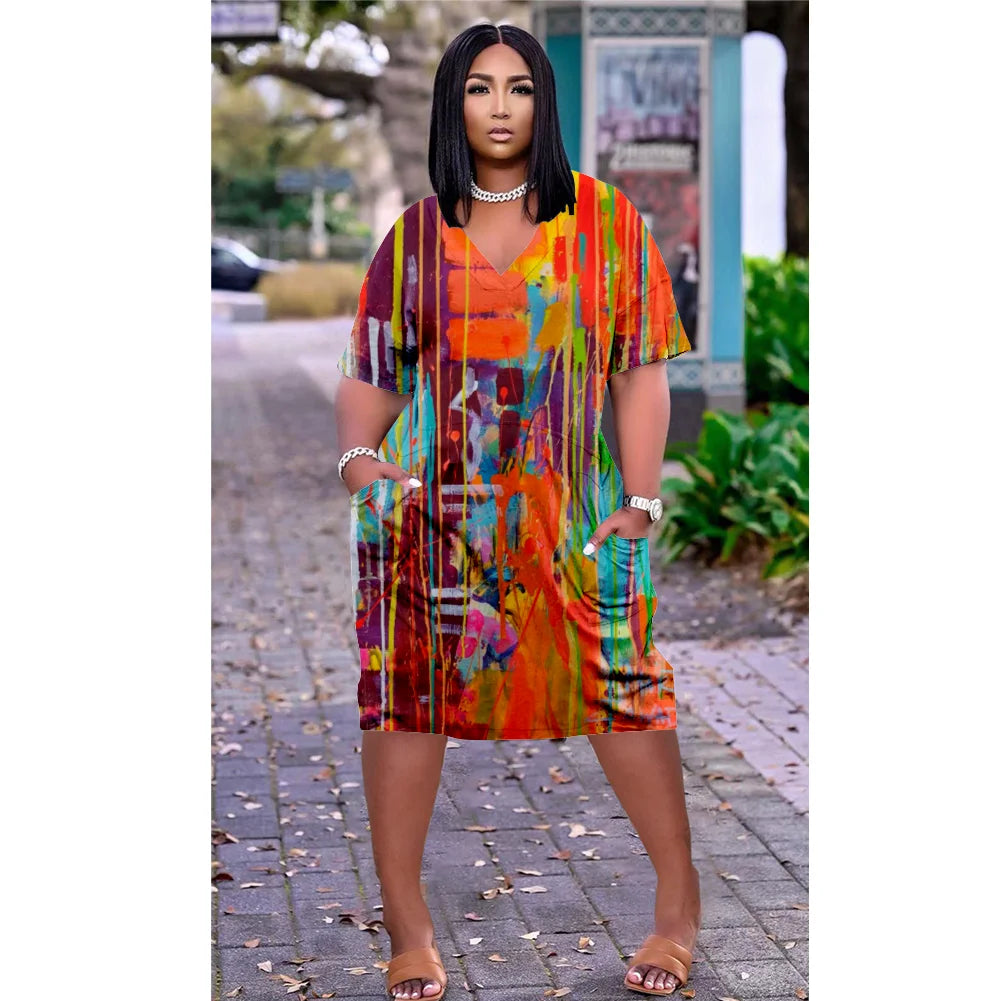 Ladies Short Sleeve Knee-length Boho V-Neck  Dress