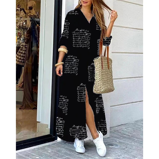 Long Sleeve  Pocket Button Print Shirts Dress