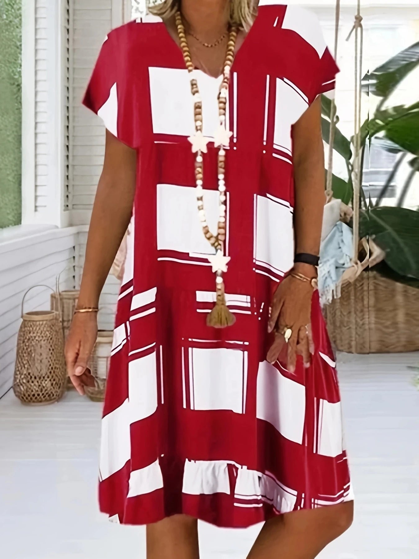 Women Fashion Geometric Printed Short Sleeve Summer Dress