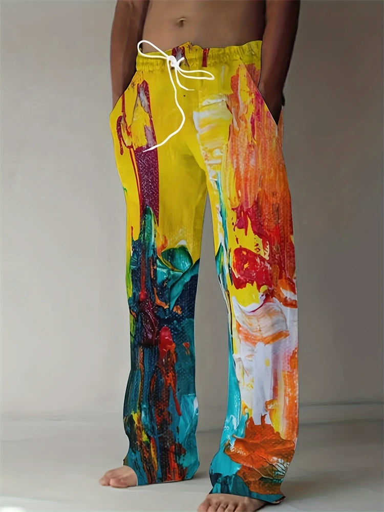 Summer Oversized New Men's Bohemian Wide Leg Pants 3D Retro Splicing Printed Loose Casual Beach Pants