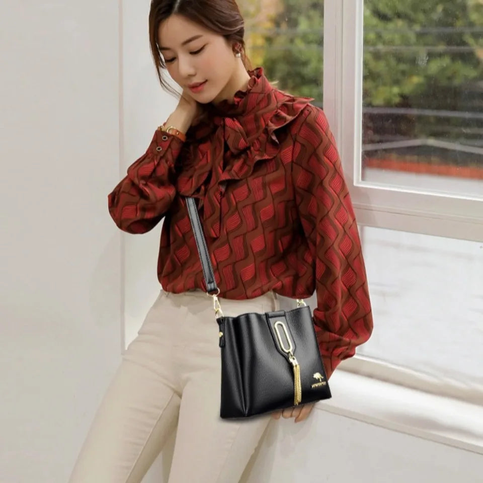 High Quality Leather Three layers Ladies Shoulder Crossbody Bag