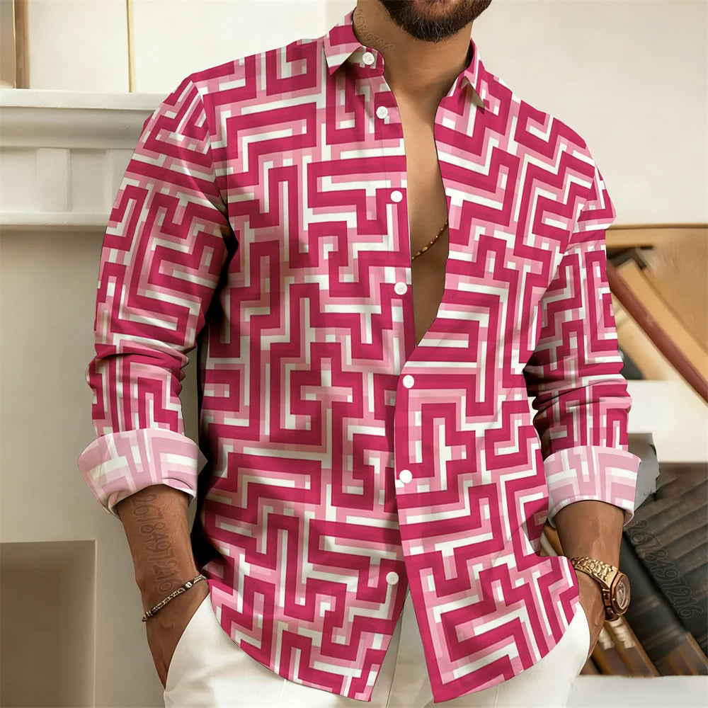 Long-Sleeved Polo Shirt, Vintage Print Style with Greek Key Pattern