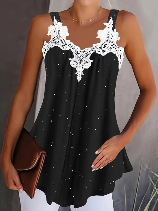 Luxurious V-Neck Sleeveless Lace Patchwork Solid Color