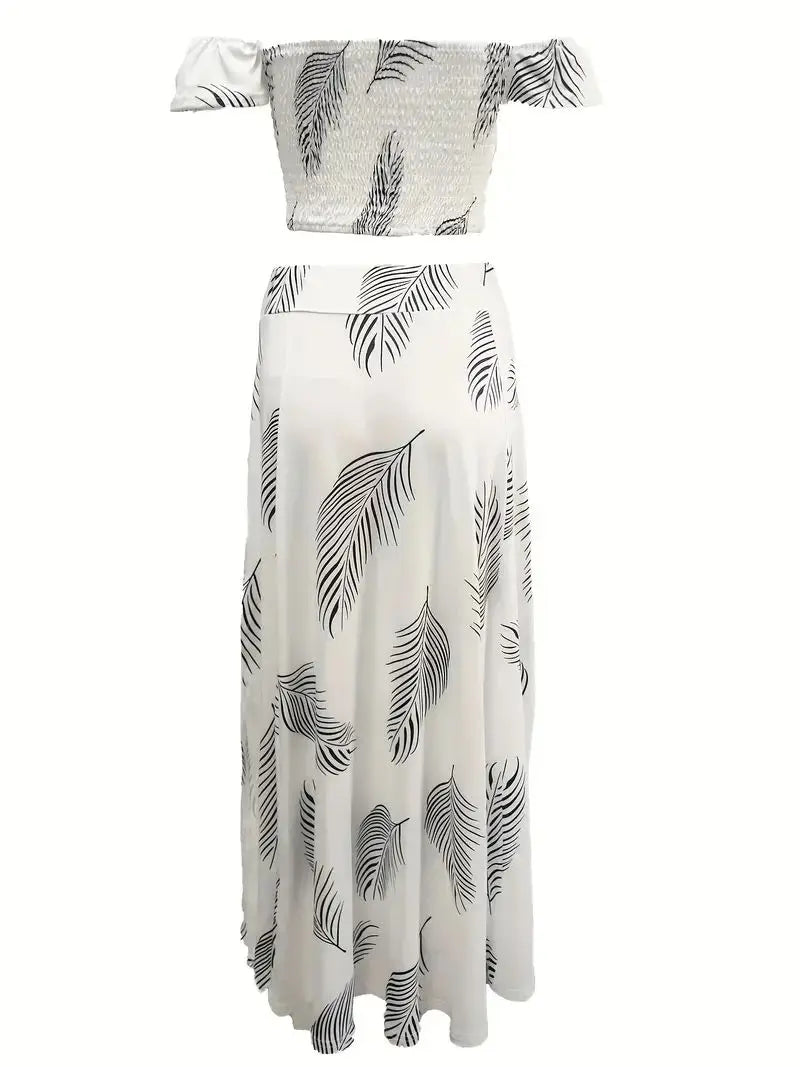 Bohemian Two-piece Set Women's Off-shoulder Elastic Solid Color Vest With feather Print High Waist Slit Skirt Set