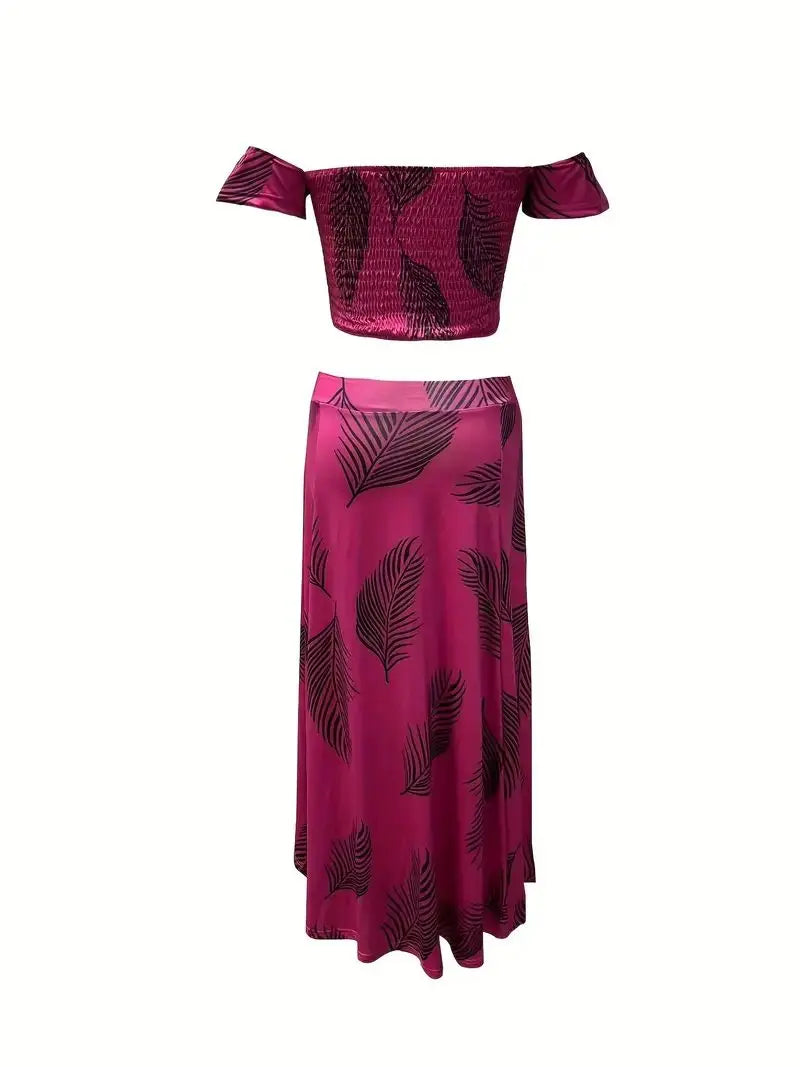 Bohemian Two-piece Set Women's Off-shoulder Elastic Solid Color Vest With feather Print High Waist Slit Skirt Set