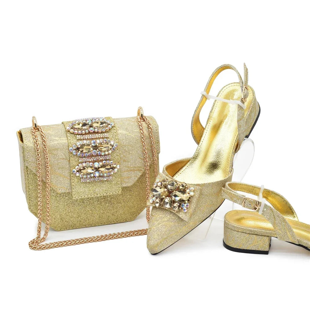 Latest Party Shoes and Bags To Match  Pointed Toe Rhinestone Shoe and Bag Set for Wedding
