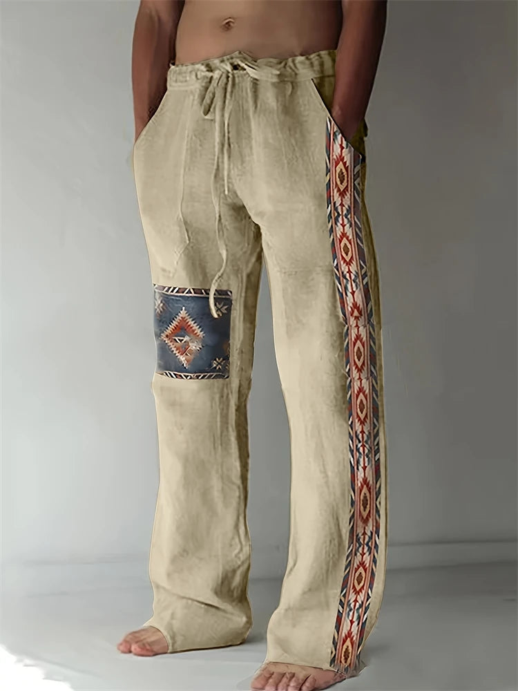 Summer Oversized New Men's Bohemian Wide Leg Pants 3D Retro Splicing Printed Loose Casual Beach Pants