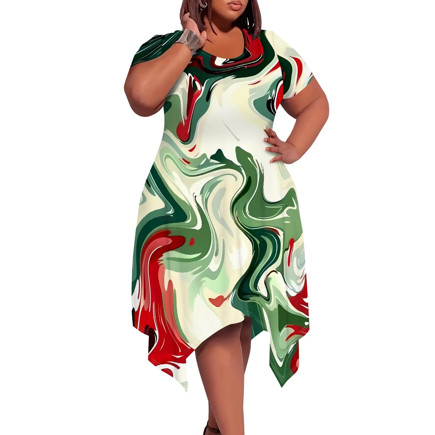 Eclectic Patchwork Abstract Round-Neck Short-Sleeve Dress
