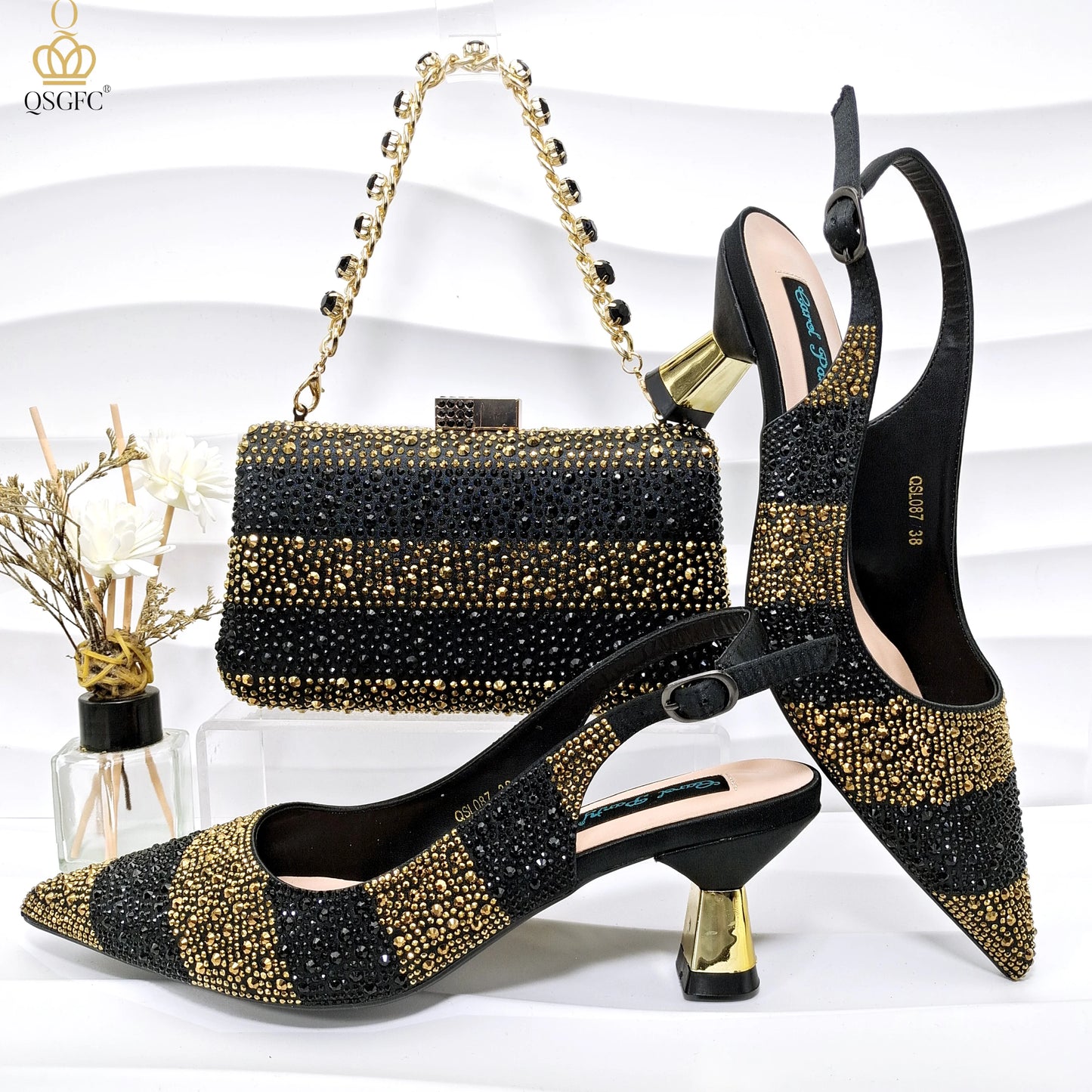 Italian Design Green Shoes And Bag Set Decorated with Rhinestone Handbag Wedding Party
