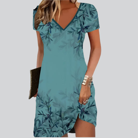 Summer Short Sleeve V-Neck A-line Knee-length Dress